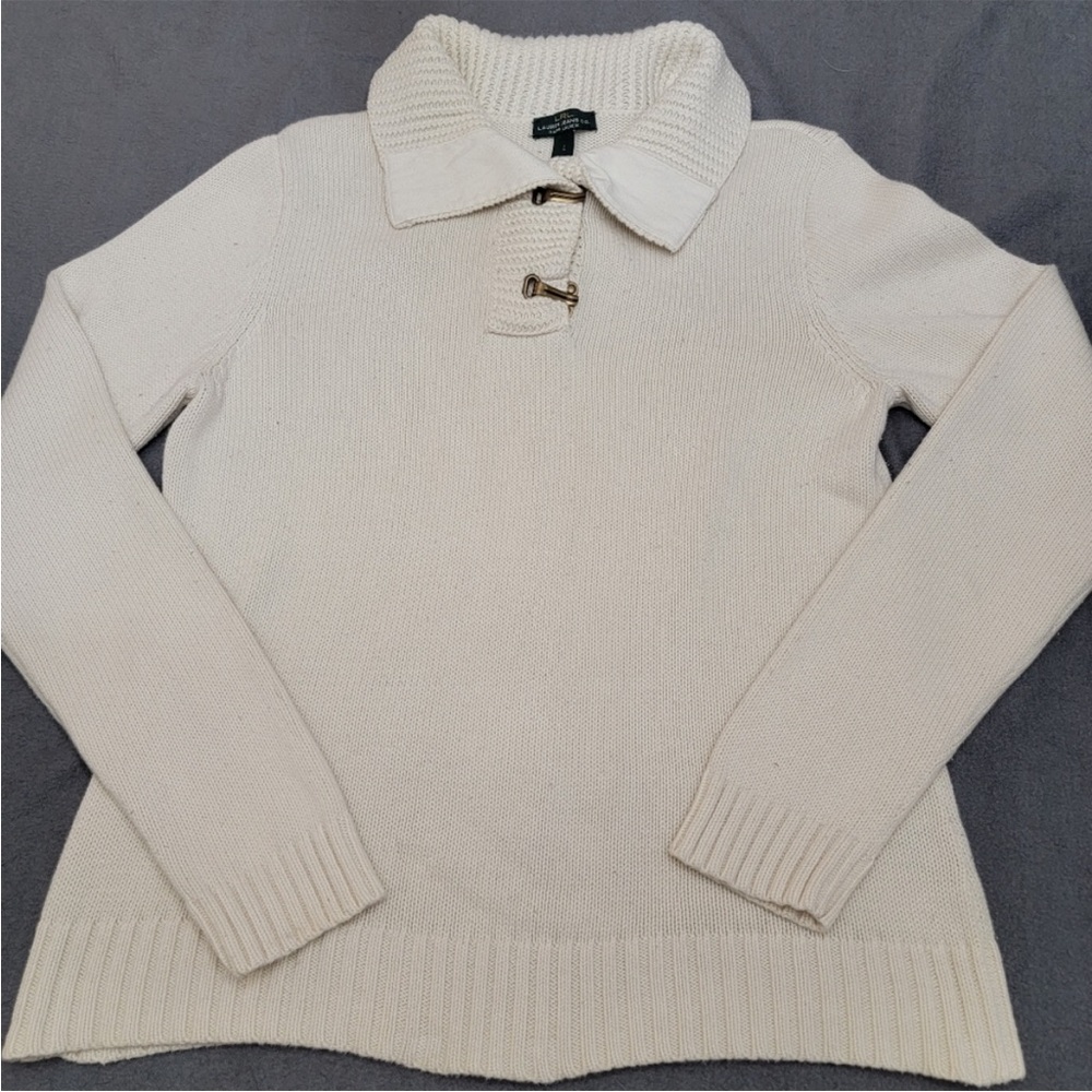 Women's LRL Lauren Jeans Co Ivory Mock Neck Sweater Brass Buckles Size M/L
